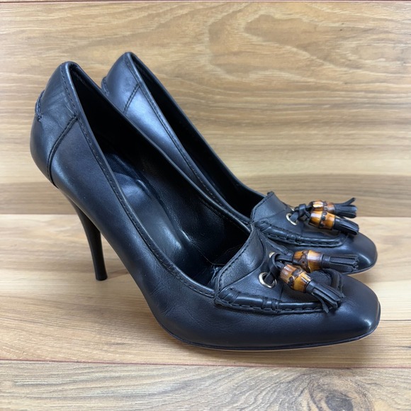 GUCCI Womens Heels Size 9 B Black Leather Bamboo Tassel Square Toe - Picture 1 of 12